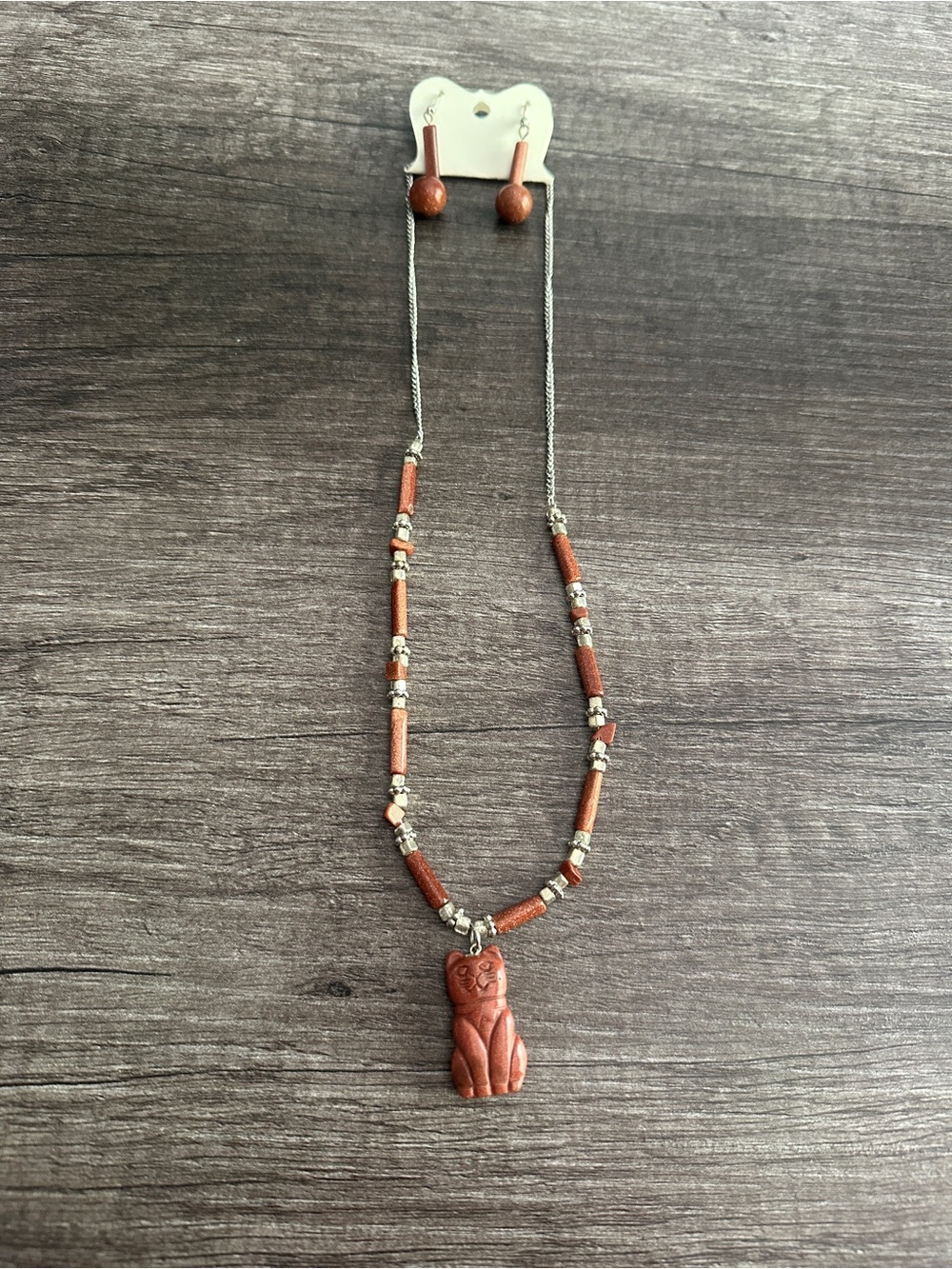 Brown Cat Pendant Necklace and Earring Set